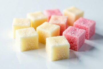 Multiple glistening sugar cubes on pristine white surface , shape, still life, sweetness