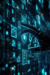 Obraz premium Robotic hand interacting with futuristic holographic digital interface
