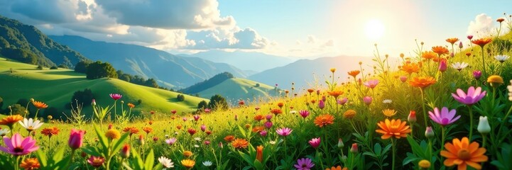 Obraz premium Sunlit hillside bursting with colorful wildflowers, various species , species, wildflower, botany