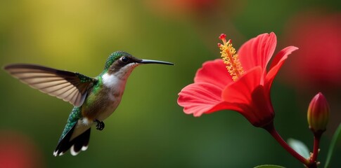 Fototapeta premium Tiny hummingbird hovers, long beak in vibrant red bloom , flora, red flower