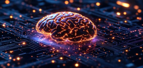 Holographic representation of a glowing brain in advanced digital circuitry