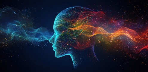 Abstract digital illustration of a head with vibrant network connections