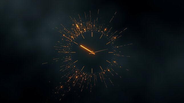 Glowing Golden Clock Exploding into Light Particles on Black Background