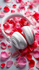 A pair of white headphones sitting on top of a pile of pink rose petals