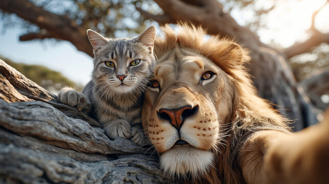 A cat and a lion laying on top of a tree
