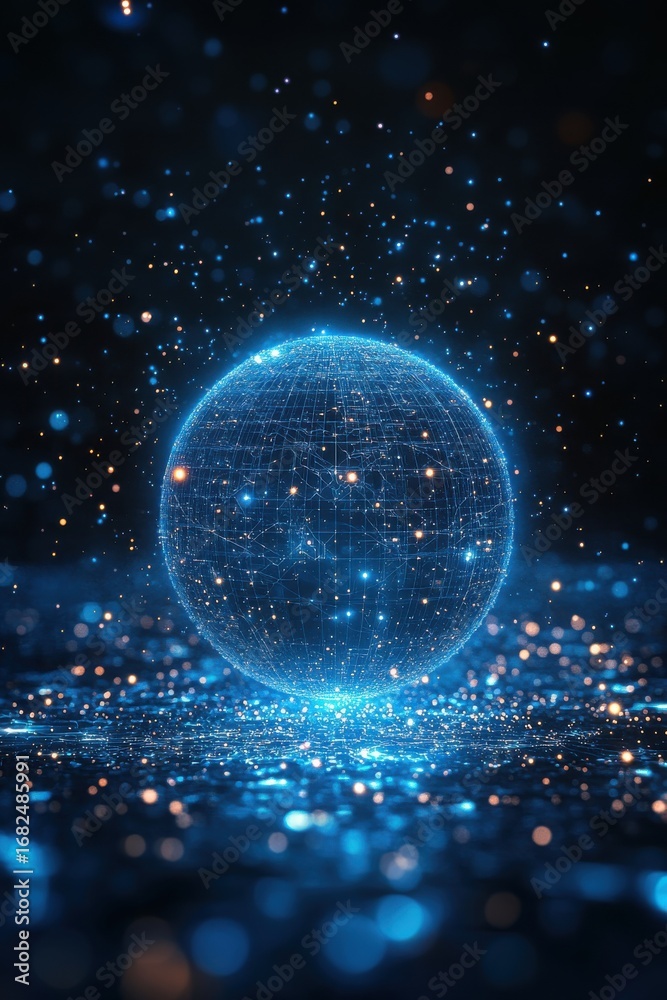 Wall mural digital glowing sphere with luminous particles on a futuristic background