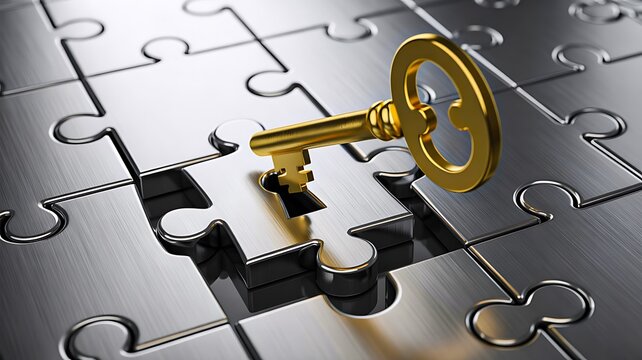 Golden key fitting into puzzle lock symbolizing solution and success
