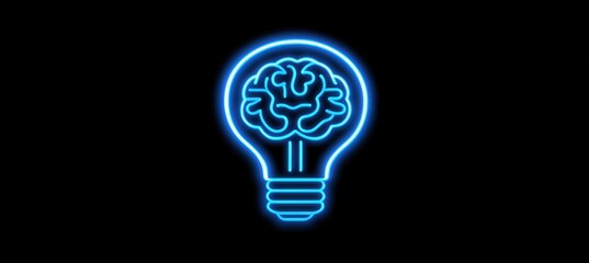 Glowing neon light bulb with a brain shaped interior on black background