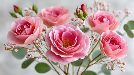 Delicate Cyberpunk Floral Arrangement with Pink Roses and Green Leaves
