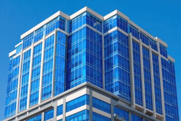Fototapeta premium A modern, glass-fronted skyscraper stands tall against a vibrant blue sky, showcasing its architectural design with rows of large windows.
