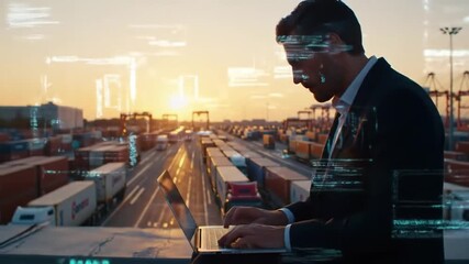 Man on a laptop with digital data overlays overlooking a bustling port at sunset, symbolizing modern global logistics and technology-driven supply chain management - Powered by Adobe