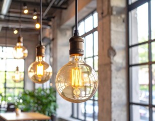 Warm, glowing Edison bulbs hang in a cafe with bright windows and concrete walls creating a stylish, industrial vibe
