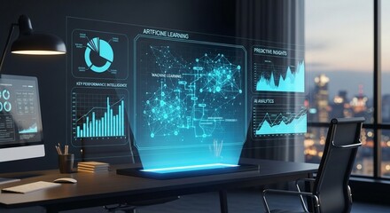 Modern Office with Advanced Digital Data Displays and Cityscape View