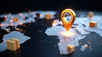Golden location pin on illuminated world map glowing GPS marker highlights Africa modern navigation global logistics technology futuristic night close up digital 3D render