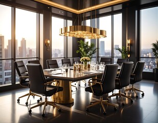 Fototapeta premium A cozy dining room featuring a polished wooden table surrounded by elegant chairs, adorned with a tasteful centerpiece and soft ambient lighting.