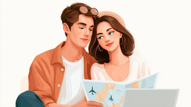 Couple planning vacation with map laptop travel adventure happy young love relationship journey together excitement destination exploring smiling