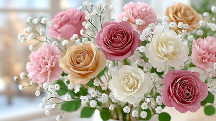 Obraz premium Elegant Arrangement of Pink and Beige Roses with Delicate Baby's Breath