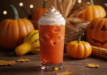 Creamy Pumpkin Drink with Whipped Topping and Autumn Decor in Cozy Setting