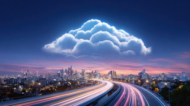 Dynamic enterprise cloud landscape showcasing glowing cloud above modern city skyline, with illuminated highway trails symbolizing fast data transfer and digital connectivity - Powered by Adobe