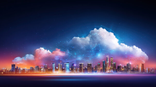 Dynamic enterprise cloud landscape showcasing modern city skyline, digital cloud computing, vibrant technology, futuristic network, and innovation in urban environment at sunset