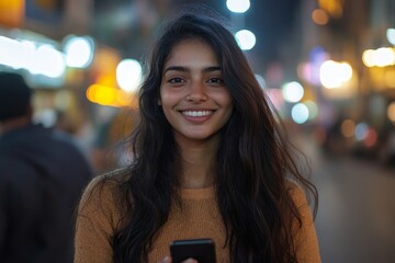 Close-up portrait of a smiling young man in a blue shirt standing on a city street, holding a mobile phone and looking at the camera, enjoying a moment of success, Generative AI