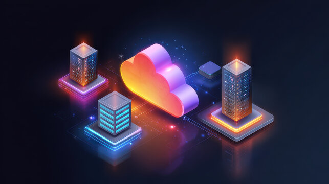 Cloud migration data server technology digital network illustration glowing futuristic connection modern infrastructure storage computing neon abstract security information transfer