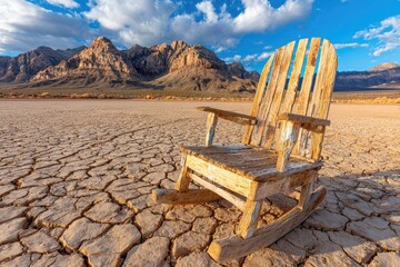 Weathered rocking chair sits alone on cracked desert playa under a vibrant sky