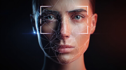Face recognition camera scanning technology, digital wireframe overlay, biometric security, futuristic artificial intelligence, closeup human face, innovation concept