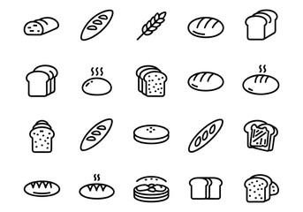Assortment of bread and bakery product icons in outline style loaf baguette