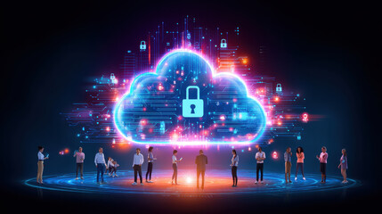 Futuristic cloud computing concept with diverse people standing around glowing digital cloud, symbolizing data security, connectivity, and modern technology innovation