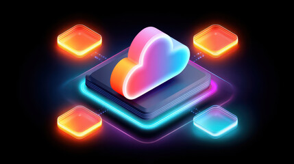 Futuristic cloud computing concept with neon glowing cloud icon, digital data transfer, and vibrant technology elements on dark background, modern and innovative design
