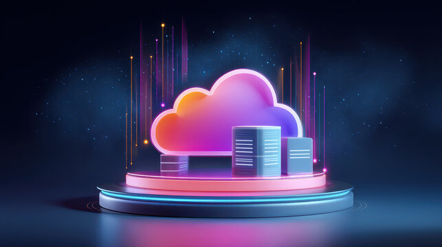 Futuristic cloud computing concept with glowing neon cloud, digital data storage, and abstract technology background, conveying innovation and connectivity - Powered by Adobe