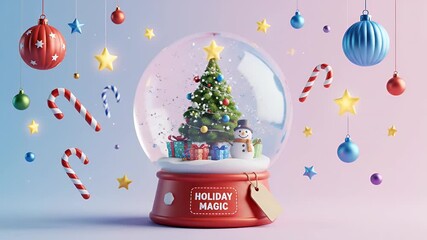 Whimsical holiday snow globe showcases festive Christmas tree, snowman, and gifts amidst falling snowflakes and candy canes. - Powered by Adobe
