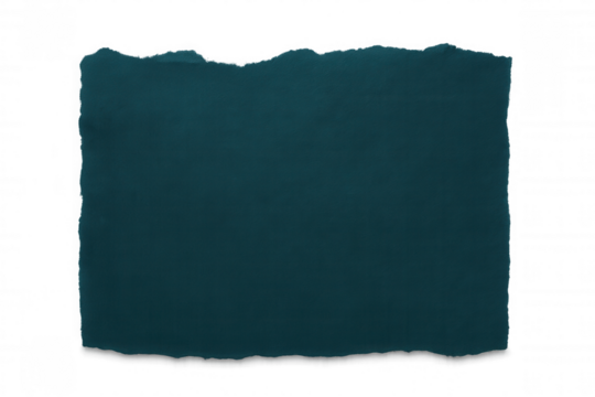 Rectangular piece of teal textured paper with torn edges, isolated on a transparent background, providing copy space