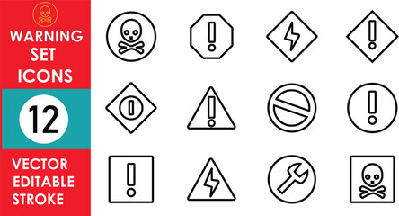 The image shows 12 black outline warning icons, including skull, exclamation marks, electricity, prohibition, tools, and geometric hazard shapes, designed as minimal editable vector graphics