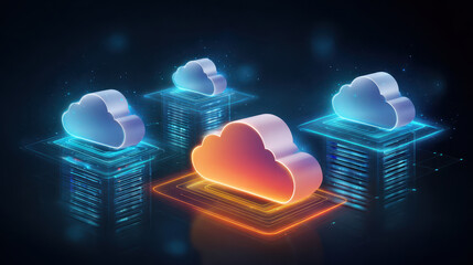 Futuristic multi cloud digital storage concept with glowing cloud icons, data server stacks, and vibrant neon colors, representing secure online data management and technology innovation