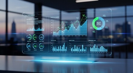 Modern Business Data Analytics Dashboard with Futuristic Interface and Cityscape Background