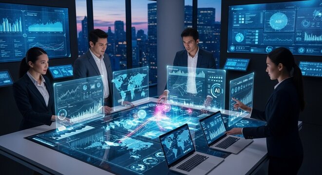 Diverse Business Team Collaborating on Advanced Futuristic Holographic Data Display Table