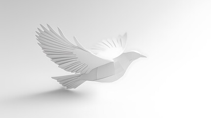 Minimalist Geometric Bird: White Low-Poly Paper Bird (Likely Pigeon) in Flight with Bright White Background