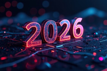 Closeup of glowing 2026 numbers with red neon light on a dark, textured technological surface