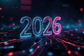 Futuristic digital 2026 numbers glowing with neon blue and pink light on a dark circuit board