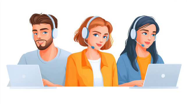 Call center team headset laptop customer service support communication teamwork office technology professional friendly diverse smiling working collaboration modern business help cheerful