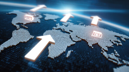 Pixelated digital map white arrows cargo global trade logistics transportation finance technology blue background sunrise futuristic concept growth progress worldwide movement optimism