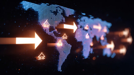 Digital world map with glowing arrows and cargo icons, representing global shipping, logistics, and international trade routes in futuristic, high tech style