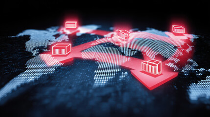 Pixelated digital map red arrows cargo container global shipping logistics international trade transportation supply chain technology glowing effect