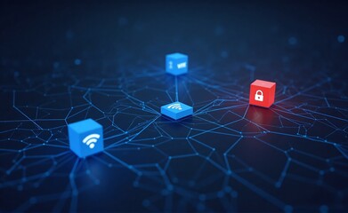 Digital network grid with interconnected cubes displaying symbols for Wi-Fi, signal, and security, visualizing modern data infrastructure.