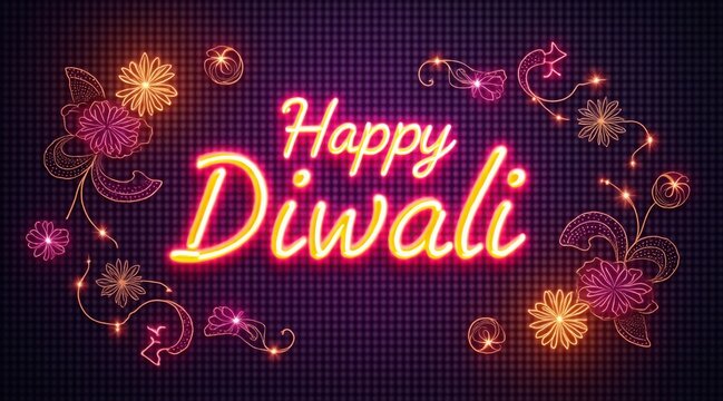 Happy diwali neon sign with floral and firework elements on a dark grid background