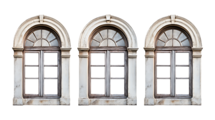 Pack Collection Antique Architectural Windows Triptych of Ornate Window Frames set against transparent background