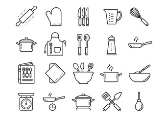 Kitchen Utensil and Cooking Equipment Icons in Outline Style rolling pin oven mitt