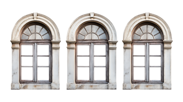 Pack Collection Antique Architectural Windows Triptych of Ornate Window Frames set against transparent background